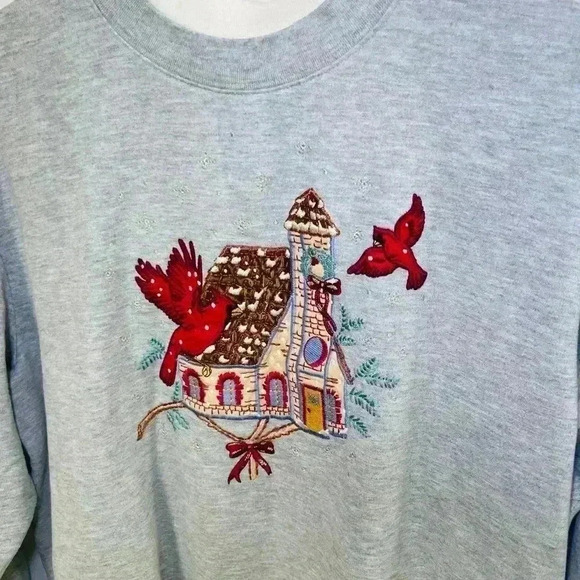 Vintage Bobbie Brooks Red Cardinal Gingerbread House Gray Sweatshirt Women’s M - Picture 2 of 6